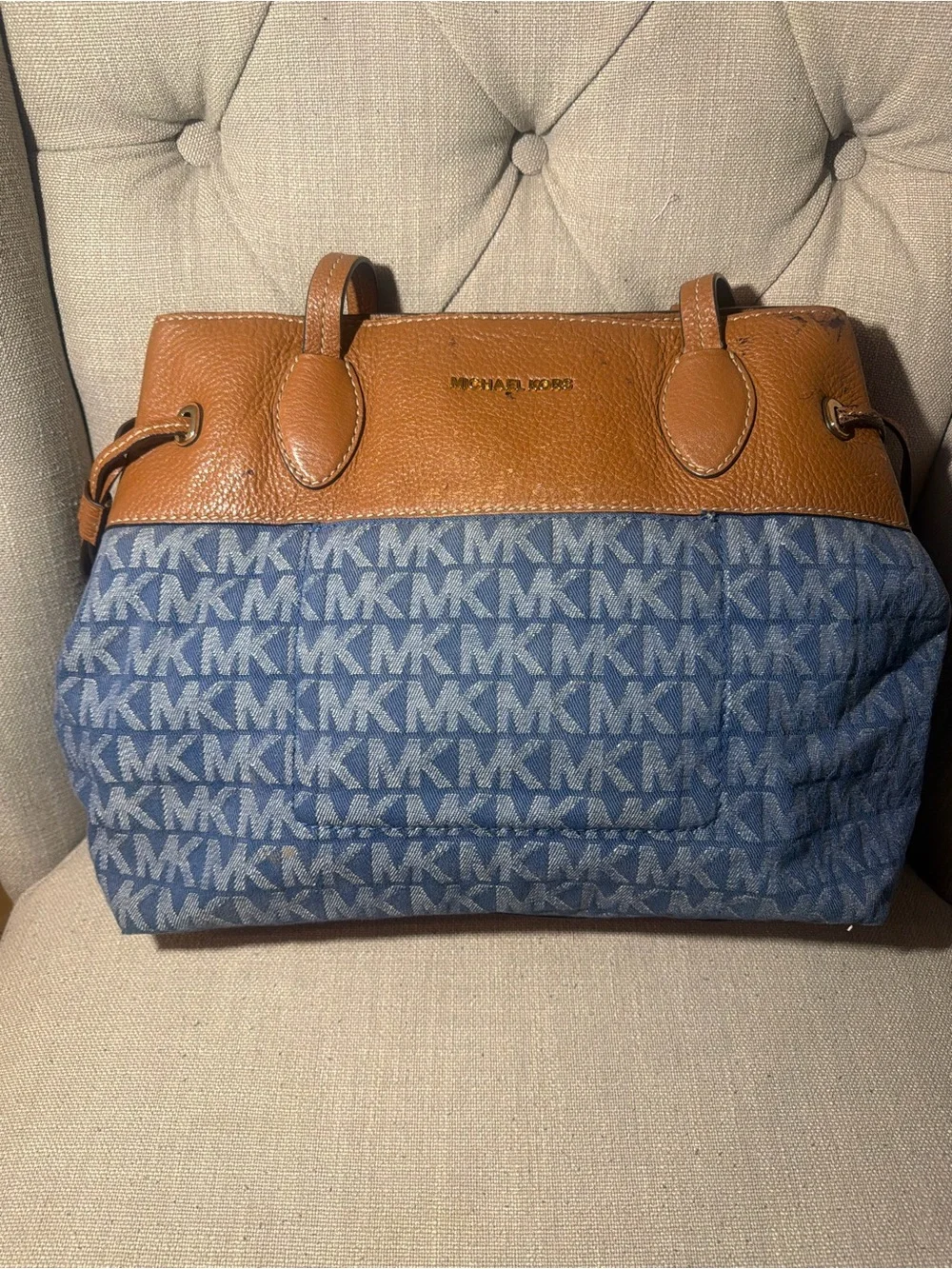 Michael Kors Brown Leather & Blue Signature Tote